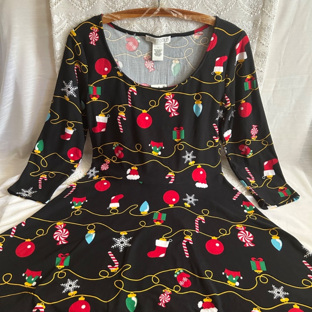 Planet Gold Christmas Ornament Knit Fit and Flare Skaters Dress Size L Juniors
